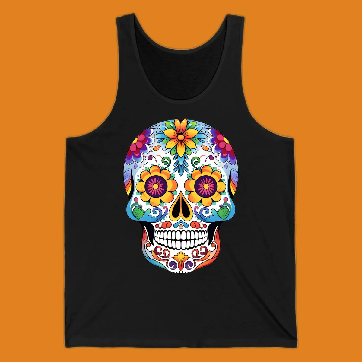 A vibrantly colored floral calavera skull illustration, adorned with large flowers, intricate scrolls, and dots.