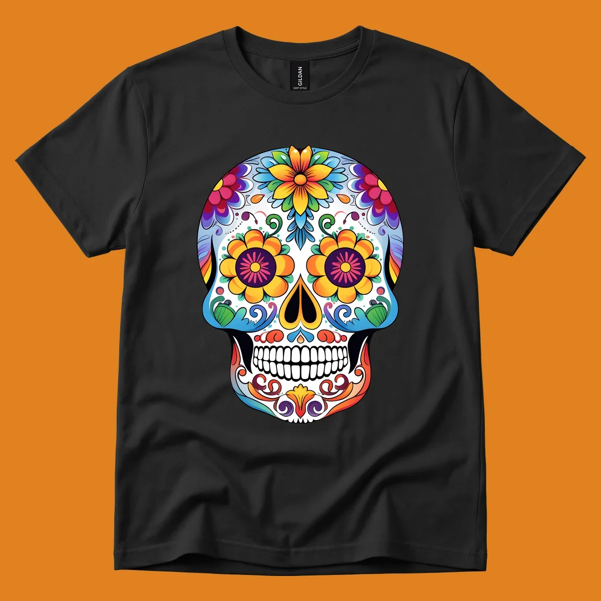A vibrantly colored floral calavera skull illustration, adorned with large flowers, intricate scrolls, and dots.