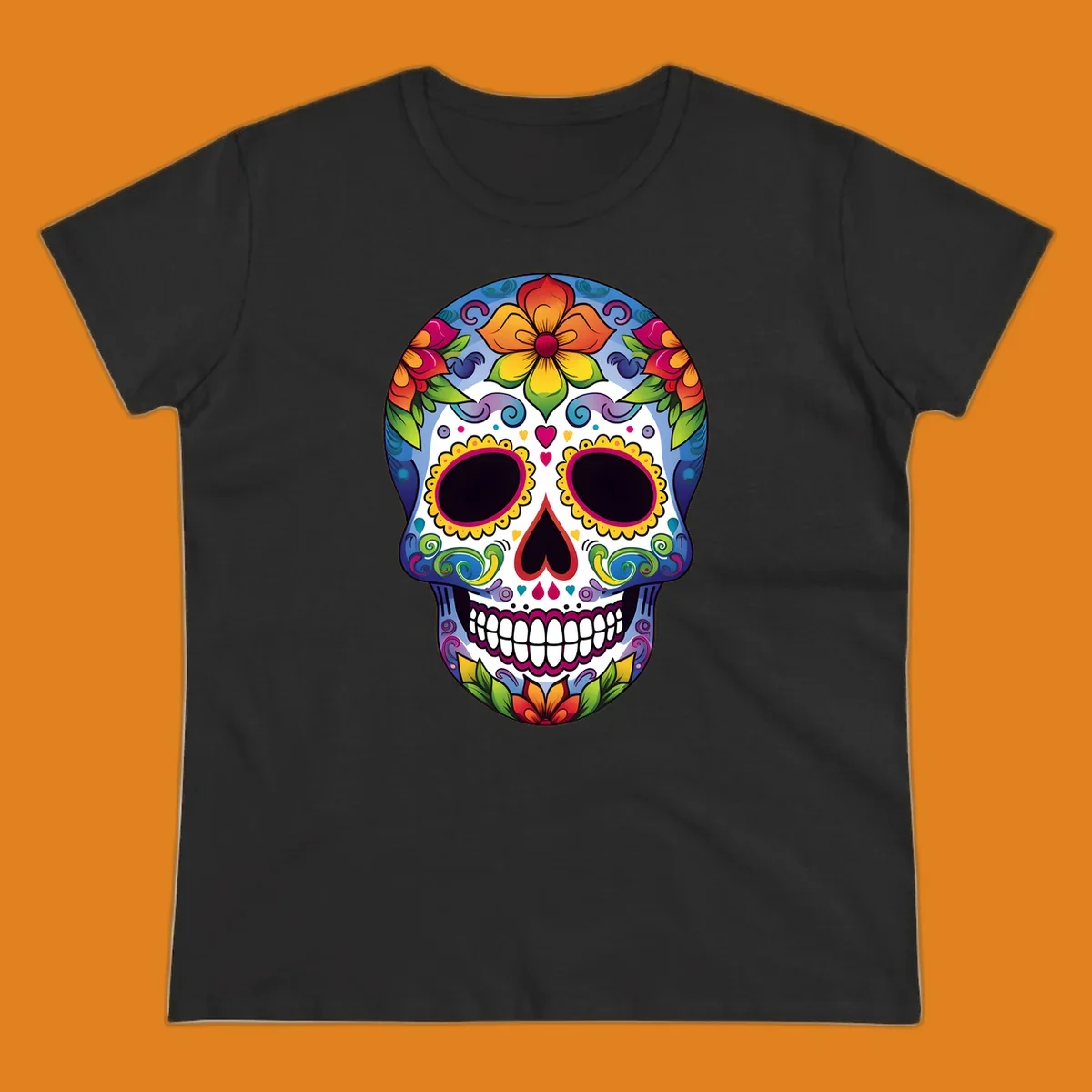 A vibrant calavera skull illustration adorned with colorful flowers, leaves, hearts, and intricate patterns.