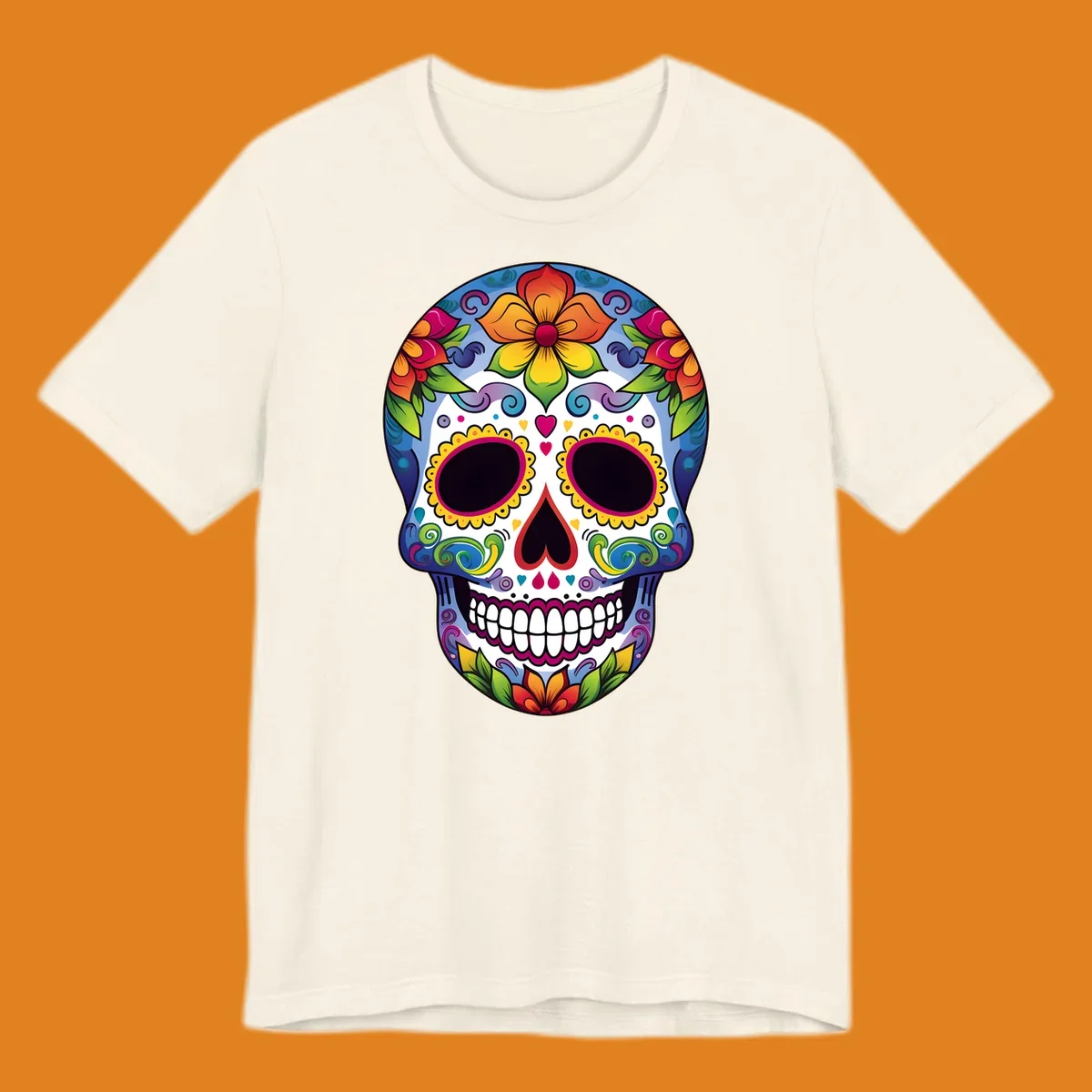 A vibrant calavera skull illustration adorned with colorful flowers, leaves, hearts, and intricate patterns.