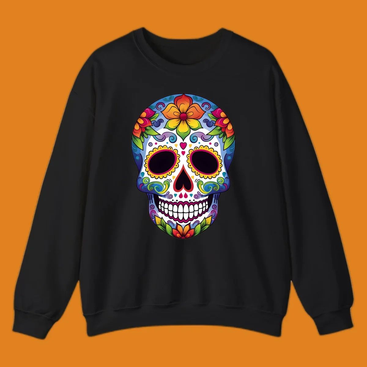 A vibrant calavera skull illustration adorned with colorful flowers, leaves, hearts, and intricate patterns.