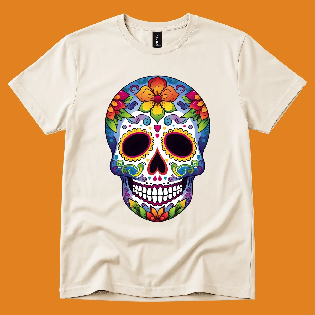 A vibrant calavera skull illustration adorned with colorful flowers, leaves, hearts, and intricate patterns.