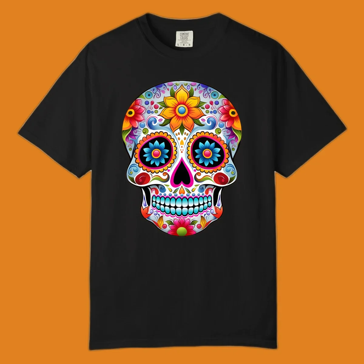 A vibrant floral sugar skull illustration, featuring large colorful flowers, intricate swirls, and a heart-shaped nose.