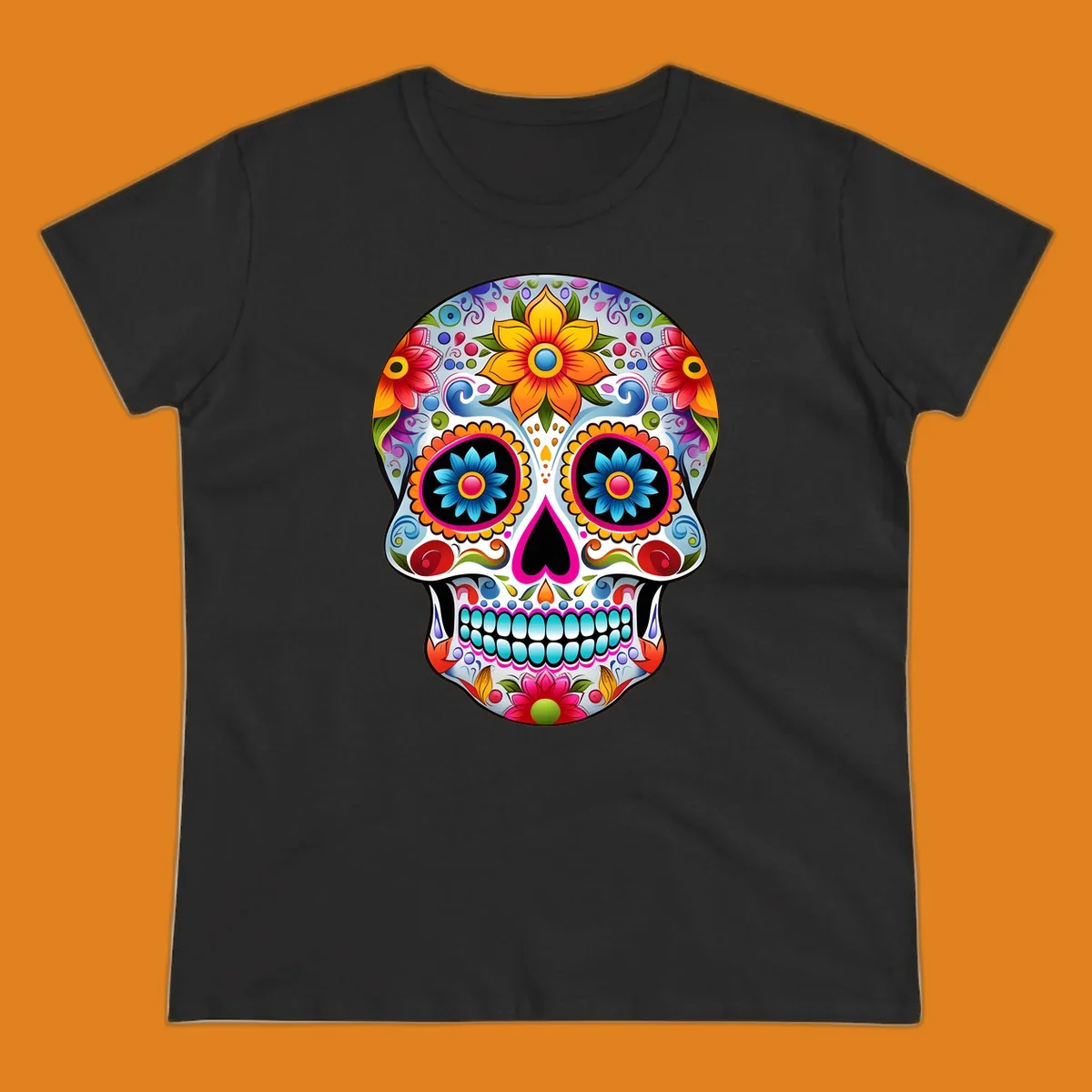 A vibrant floral sugar skull illustration, featuring large colorful flowers, intricate swirls, and a heart-shaped nose.