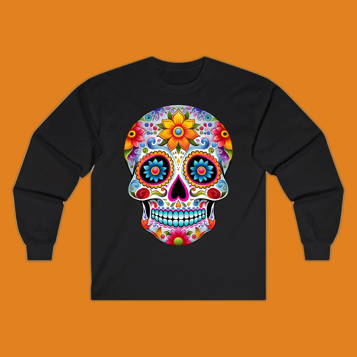 A vibrant floral sugar skull illustration, featuring large colorful flowers, intricate swirls, and a heart-shaped nose.