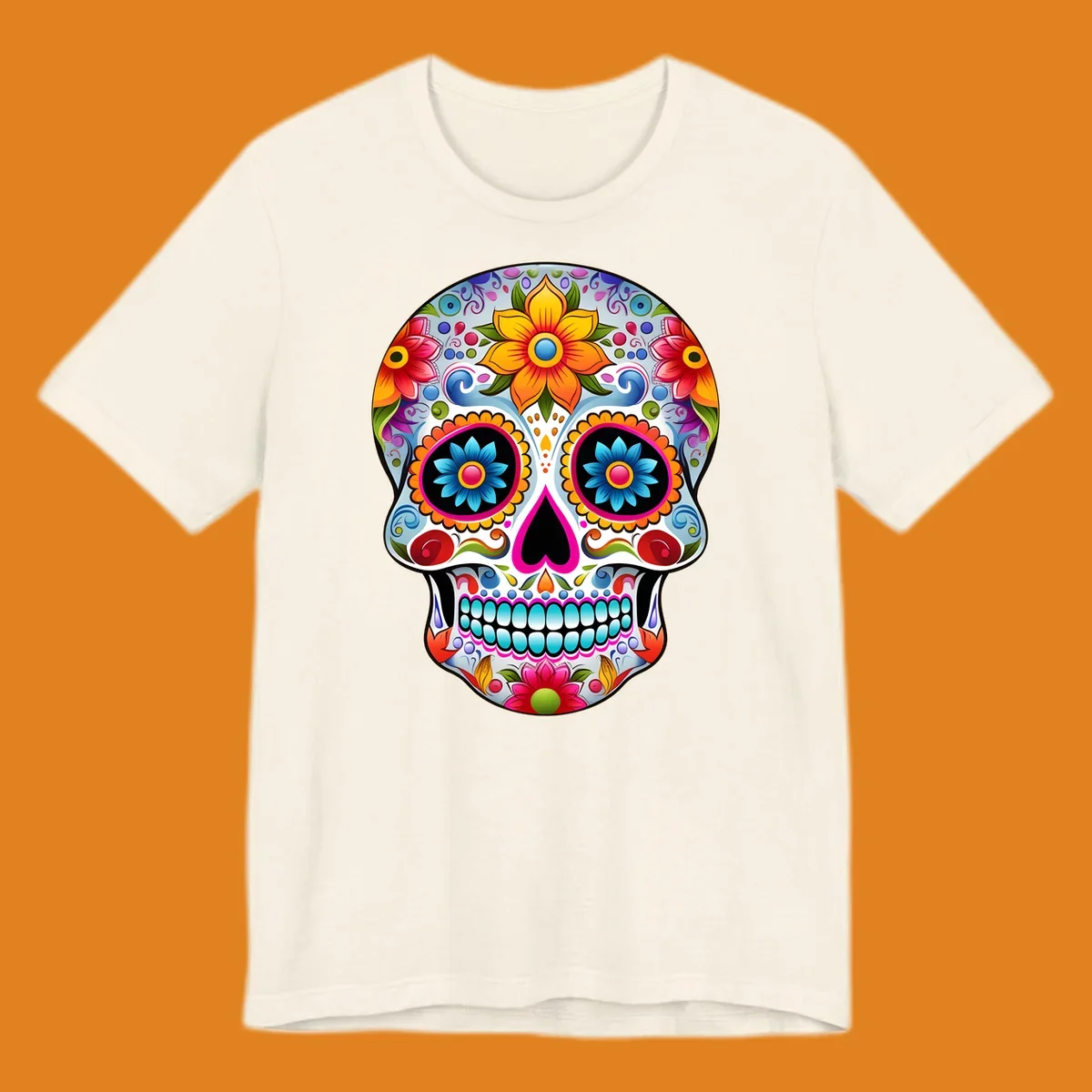 A vibrant floral sugar skull illustration, featuring large colorful flowers, intricate swirls, and a heart-shaped nose.