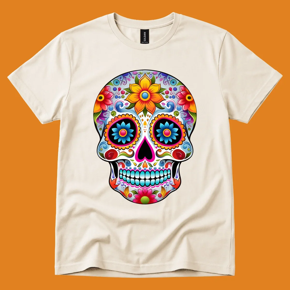A vibrant floral sugar skull illustration, featuring large colorful flowers, intricate swirls, and a heart-shaped nose.