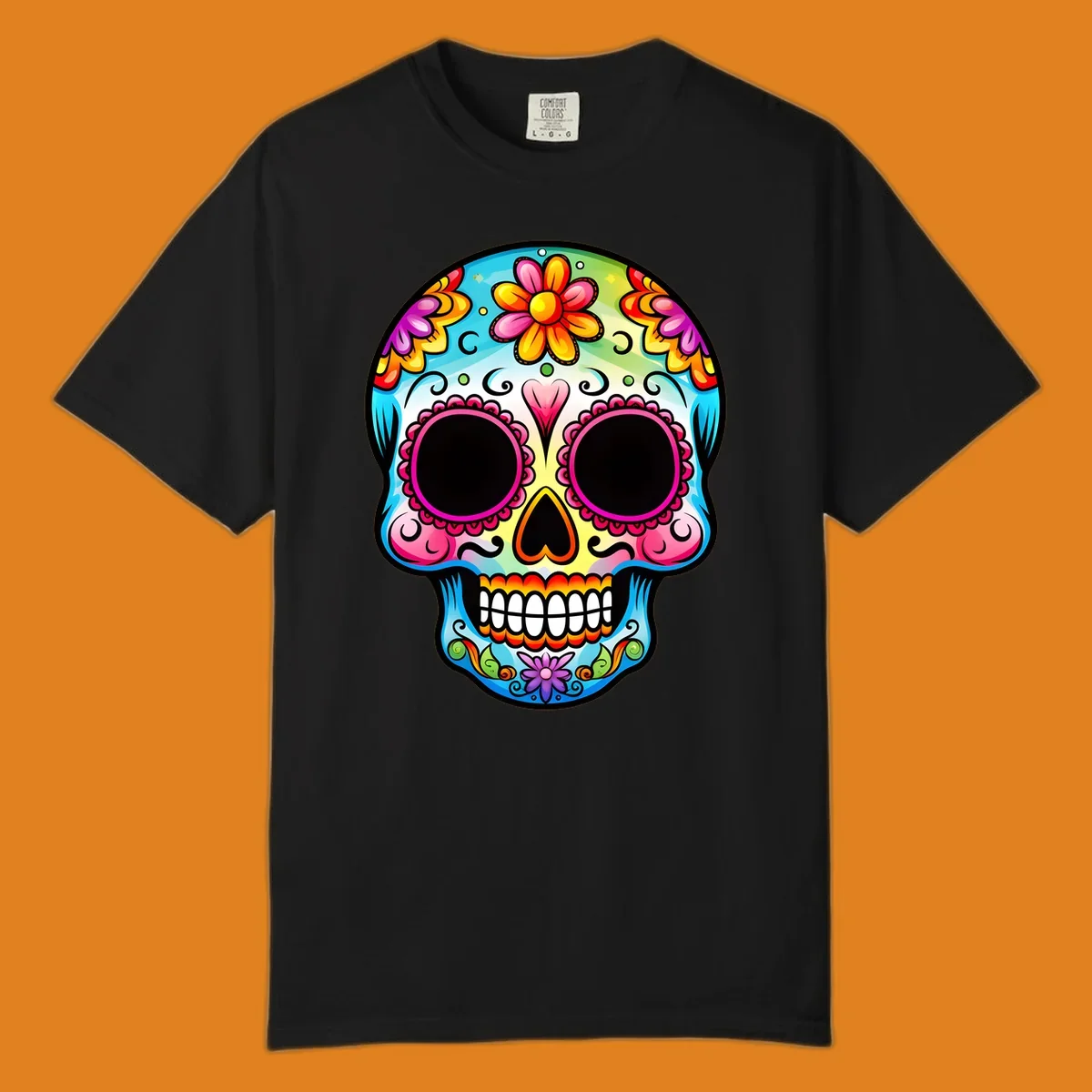 A vibrant floral sugar skull illustration featuring bright pink, blue, yellow, orange, green, and purple flowers and swirls.