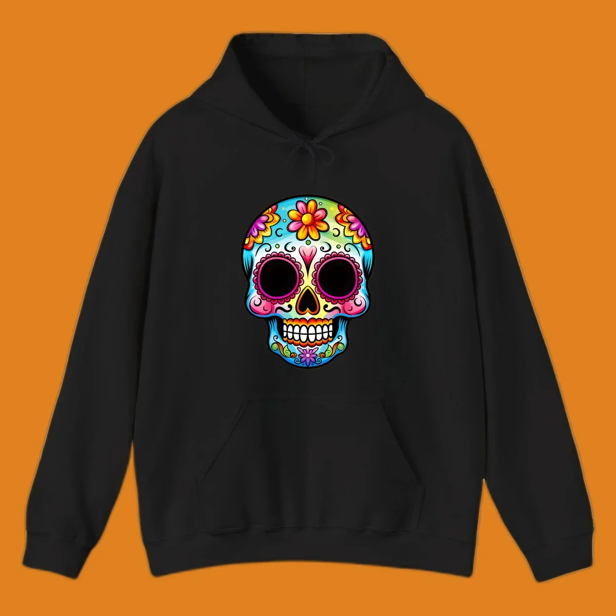 A vibrant floral sugar skull illustration featuring bright pink, blue, yellow, orange, green, and purple flowers and swirls.