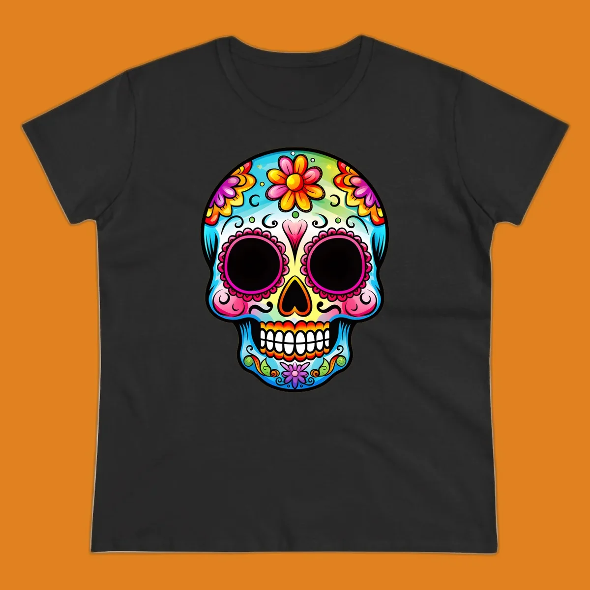 A vibrant floral sugar skull illustration featuring bright pink, blue, yellow, orange, green, and purple flowers and swirls.