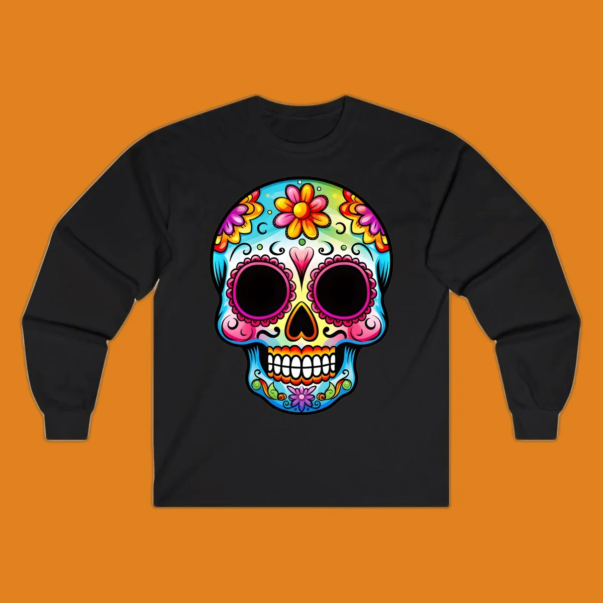 A vibrant floral sugar skull illustration featuring bright pink, blue, yellow, orange, green, and purple flowers and swirls.