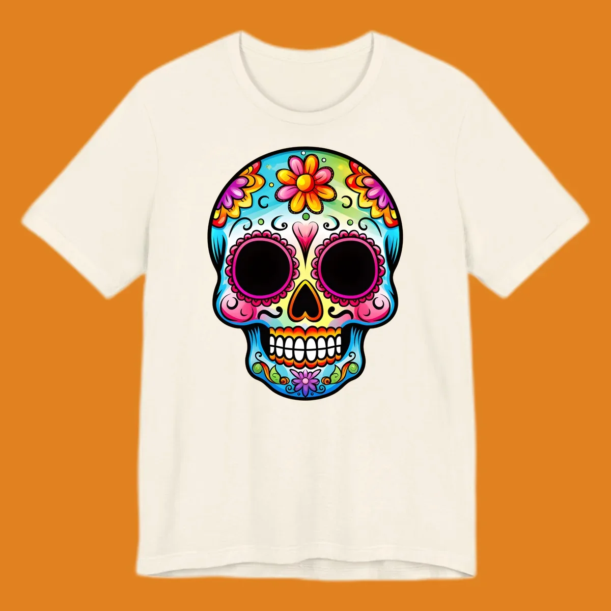 A vibrant floral sugar skull illustration featuring bright pink, blue, yellow, orange, green, and purple flowers and swirls.