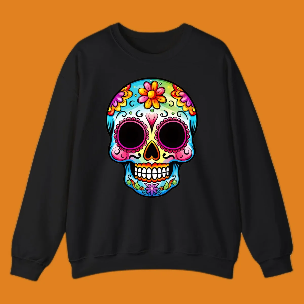 A vibrant floral sugar skull illustration featuring bright pink, blue, yellow, orange, green, and purple flowers and swirls.