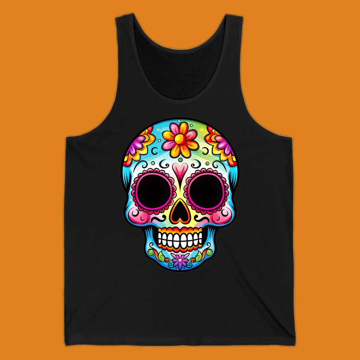 A vibrant floral sugar skull illustration featuring bright pink, blue, yellow, orange, green, and purple flowers and swirls.