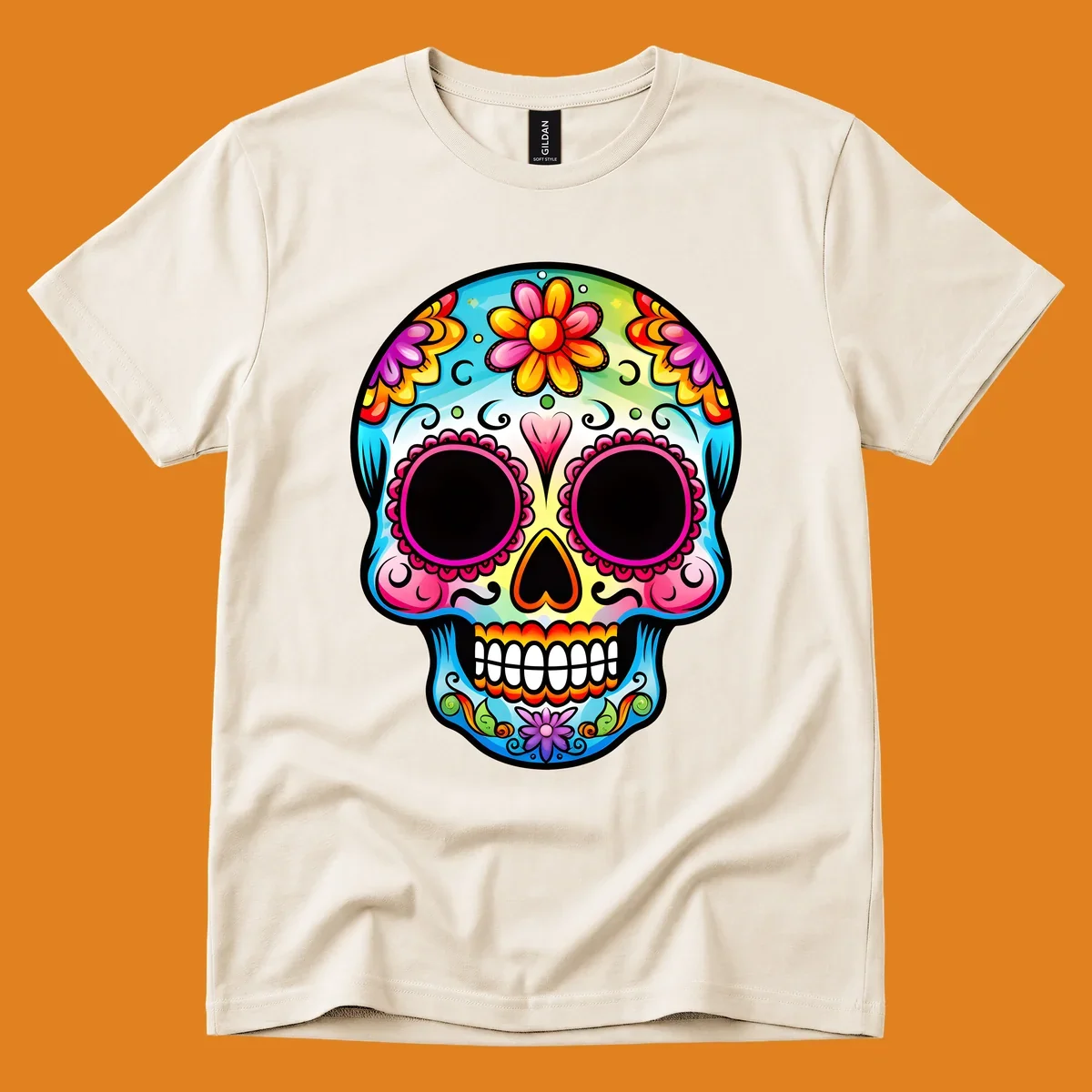 A vibrant floral sugar skull illustration featuring bright pink, blue, yellow, orange, green, and purple flowers and swirls.