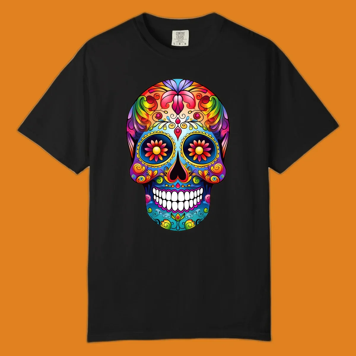 A vibrant floral sugar skull calavera illustration with a rainbow of colors, intricate swirls, and flowers in the eyes.