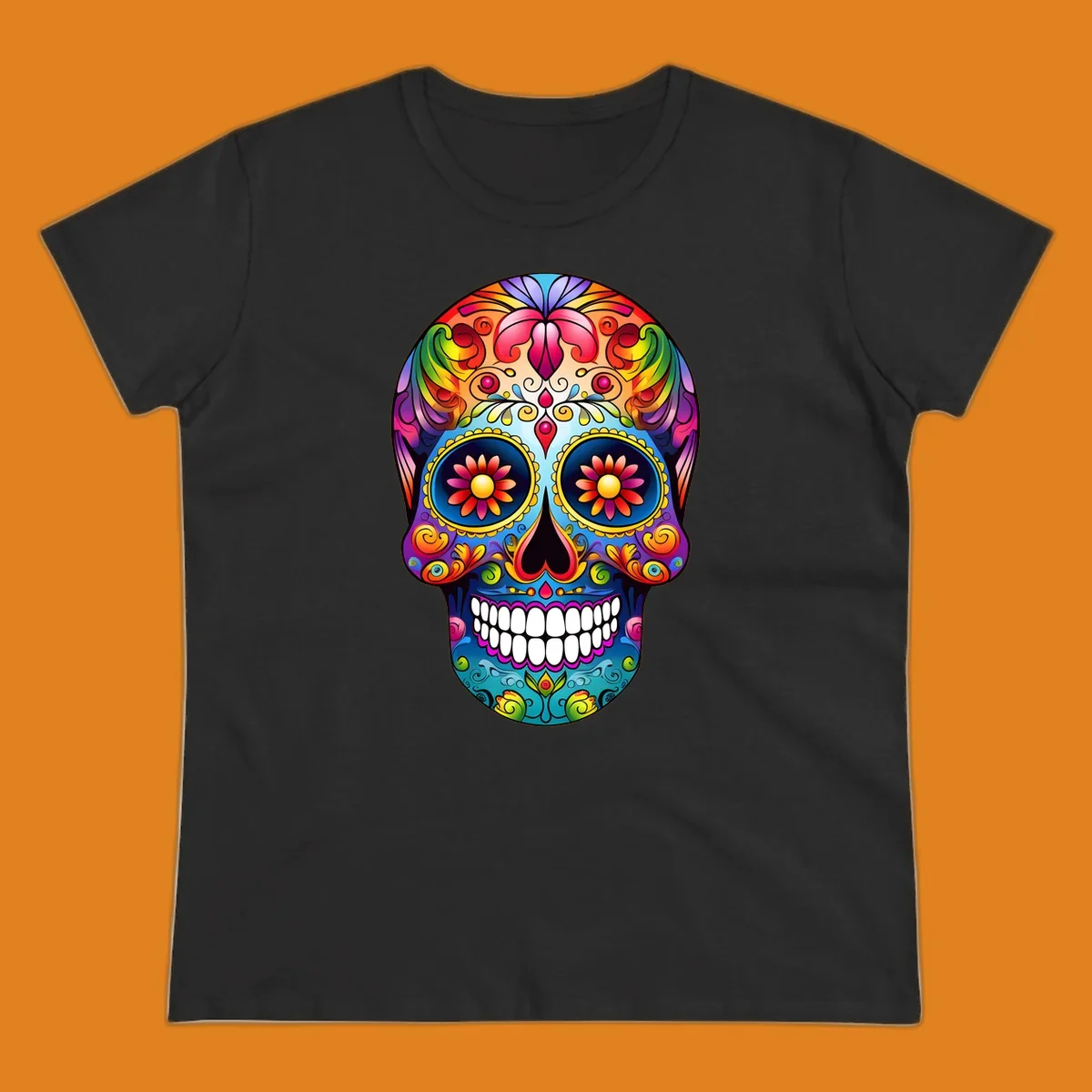 A vibrant floral sugar skull calavera illustration with a rainbow of colors, intricate swirls, and flowers in the eyes.