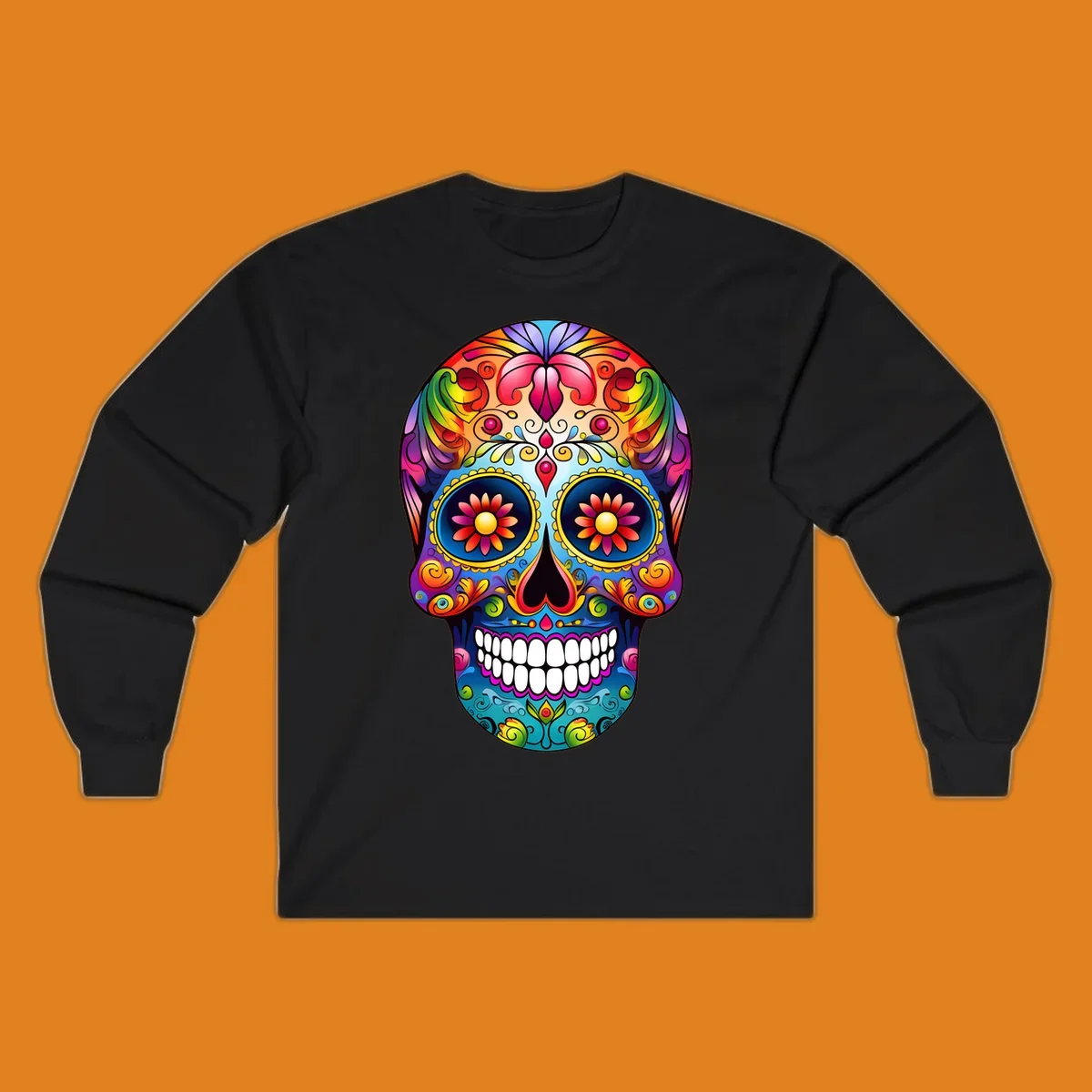 A vibrant floral sugar skull calavera illustration with a rainbow of colors, intricate swirls, and flowers in the eyes.