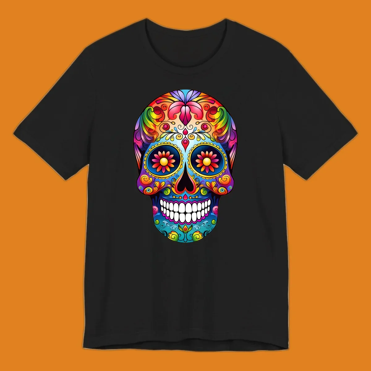 A vibrant floral sugar skull calavera illustration with a rainbow of colors, intricate swirls, and flowers in the eyes.