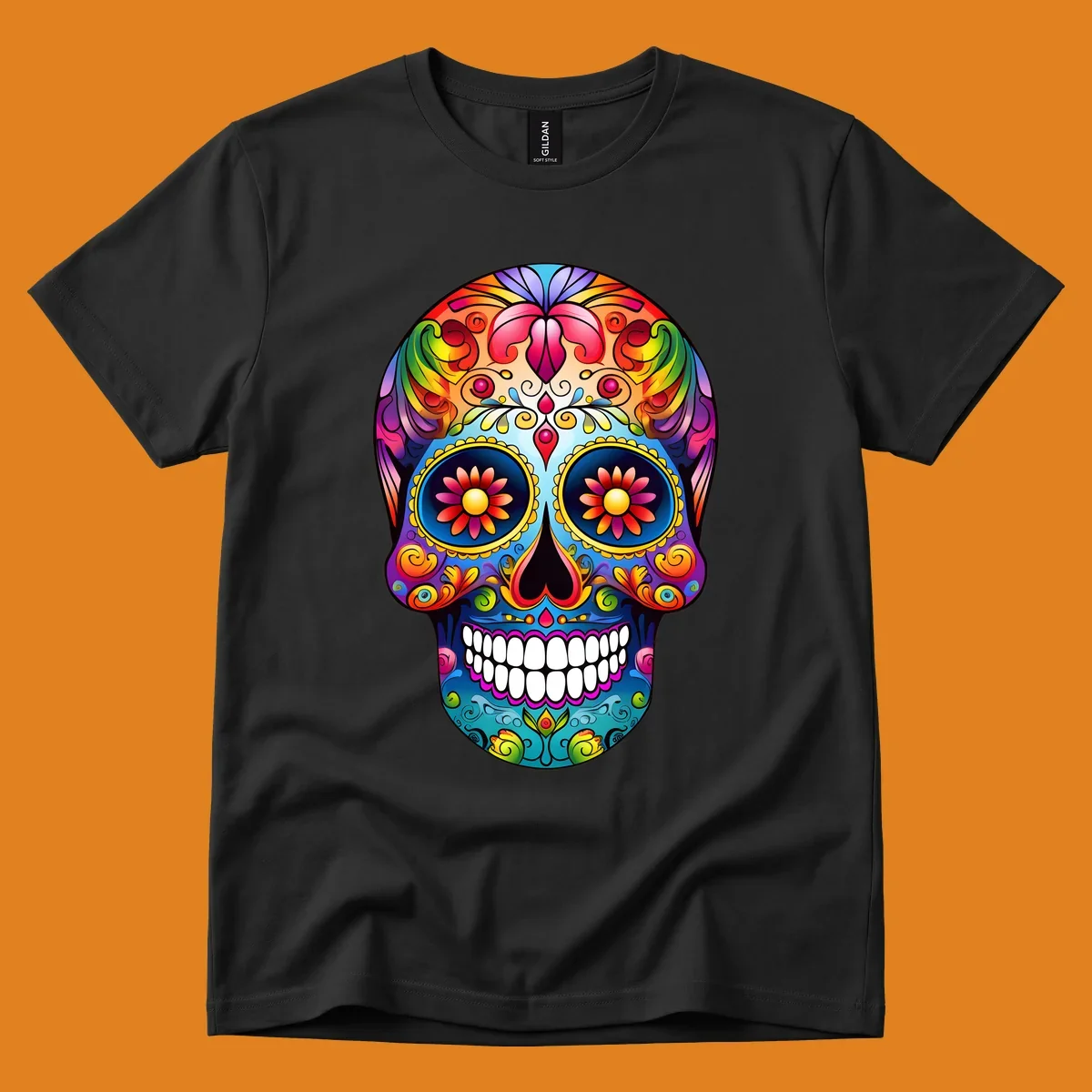 A vibrant floral sugar skull calavera illustration with a rainbow of colors, intricate swirls, and flowers in the eyes.