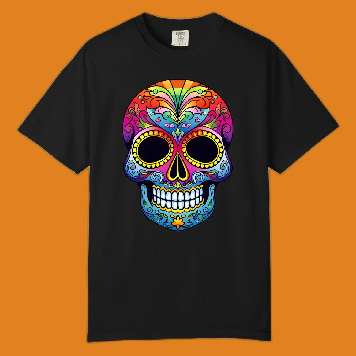 Vibrant floral sugar skull illustration with rainbow top, colorful swirls, and large eye sockets.