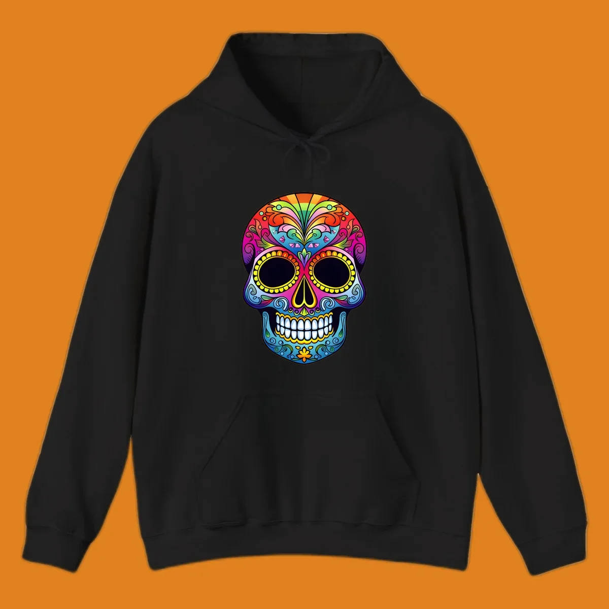 Vibrant floral sugar skull illustration with rainbow top, colorful swirls, and large eye sockets.