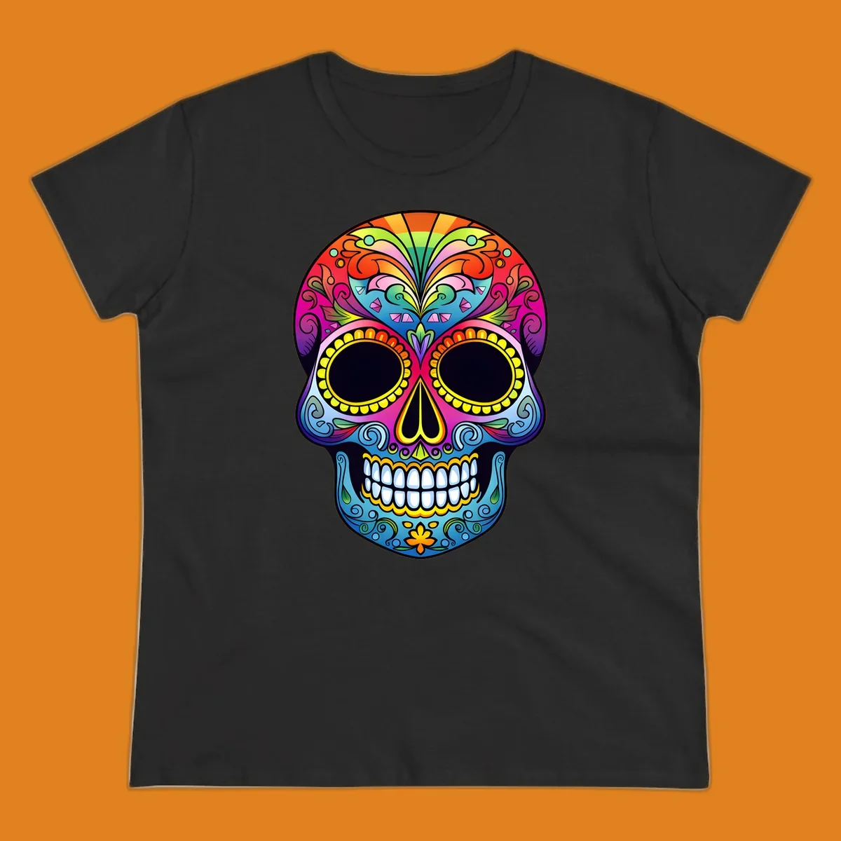 Vibrant floral sugar skull illustration with rainbow top, colorful swirls, and large eye sockets.