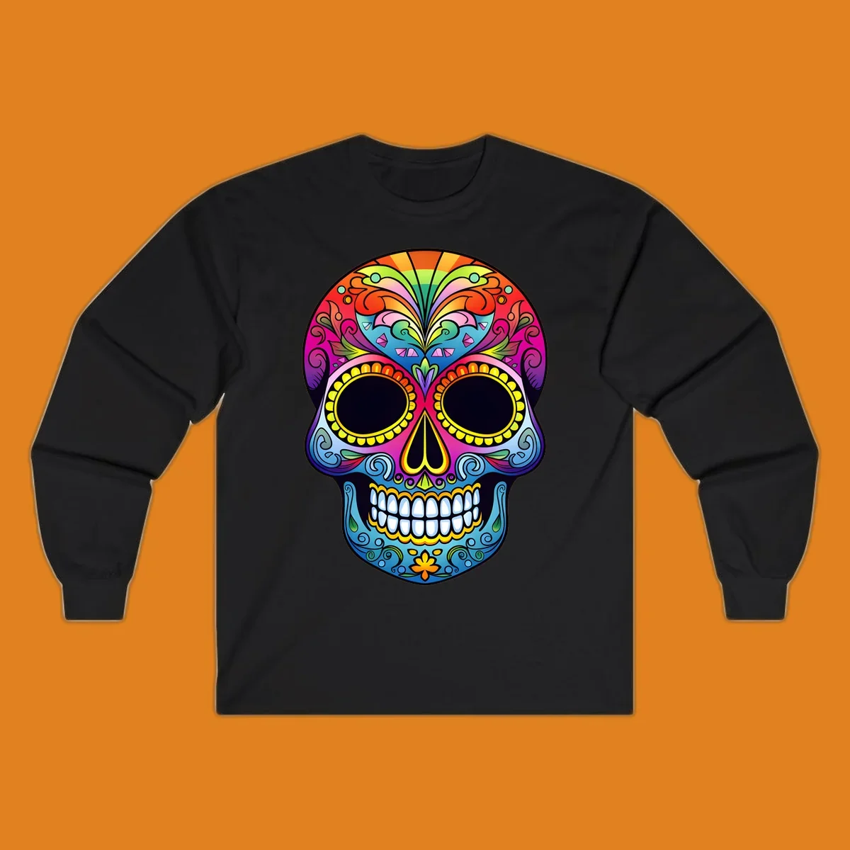 Vibrant floral sugar skull illustration with rainbow top, colorful swirls, and large eye sockets.