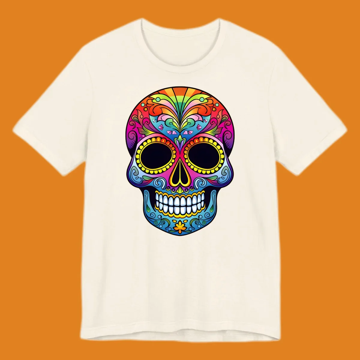 Vibrant floral sugar skull illustration with rainbow top, colorful swirls, and large eye sockets.