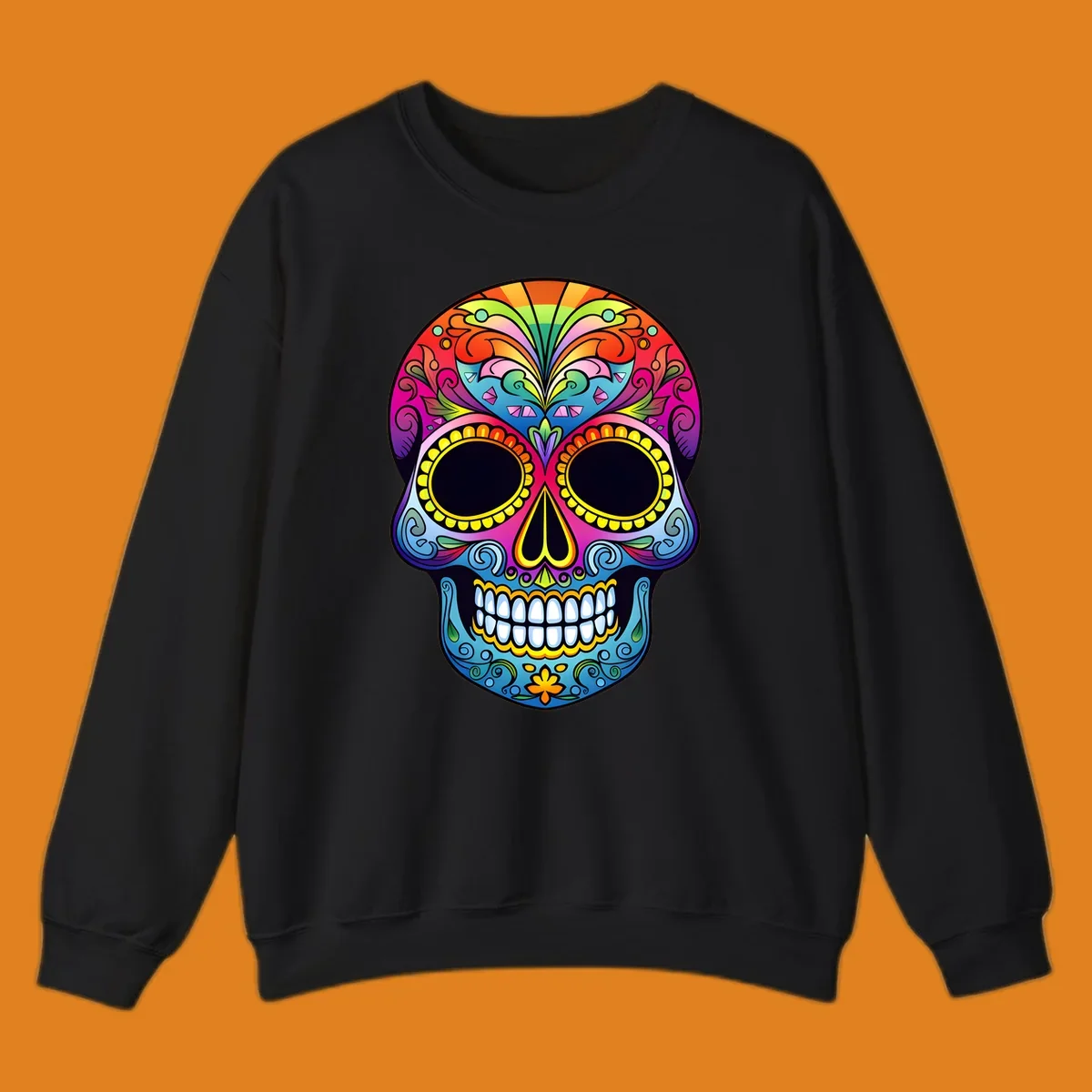 Vibrant floral sugar skull illustration with rainbow top, colorful swirls, and large eye sockets.