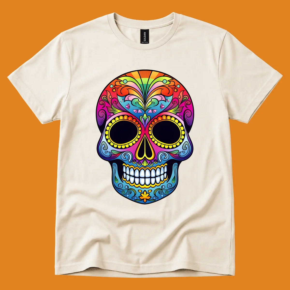 Vibrant floral sugar skull illustration with rainbow top, colorful swirls, and large eye sockets.