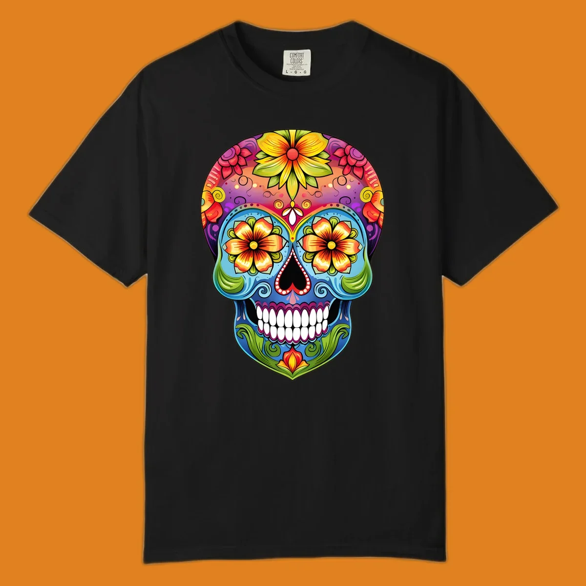 A vibrant floral sugar skull illustration with large colorful flowers, leaves, and swirls, outlined in black.