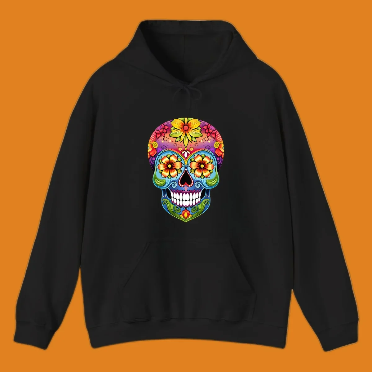A vibrant floral sugar skull illustration with large colorful flowers, leaves, and swirls, outlined in black.