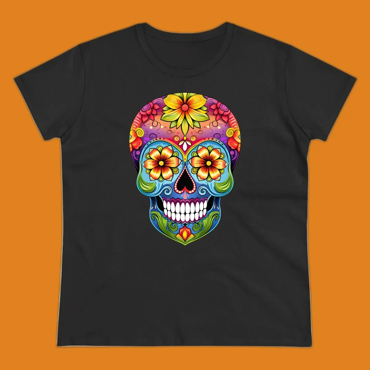 A vibrant floral sugar skull illustration with large colorful flowers, leaves, and swirls, outlined in black.
