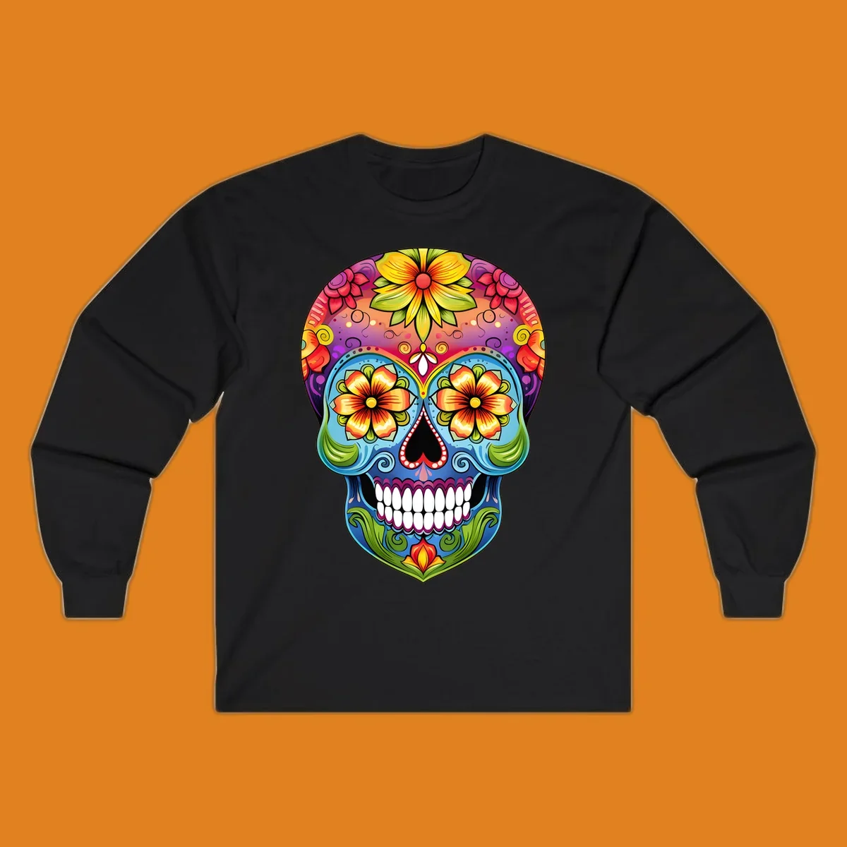A vibrant floral sugar skull illustration with large colorful flowers, leaves, and swirls, outlined in black.