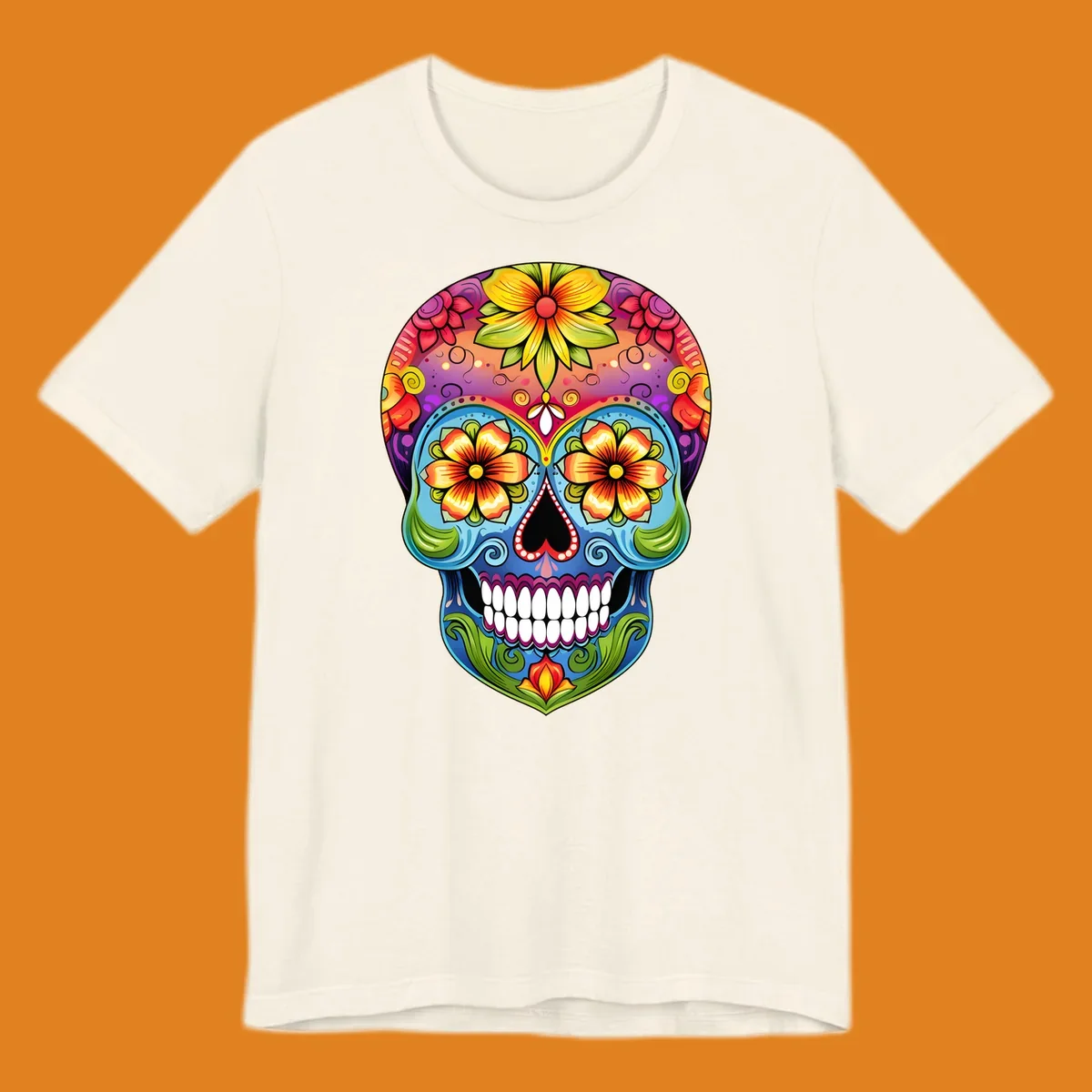 A vibrant floral sugar skull illustration with large colorful flowers, leaves, and swirls, outlined in black.