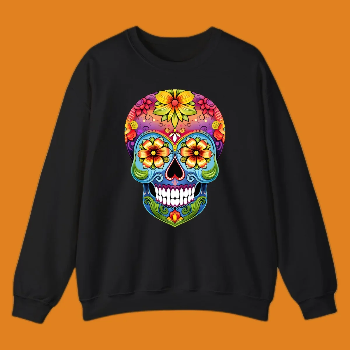 A vibrant floral sugar skull illustration with large colorful flowers, leaves, and swirls, outlined in black.