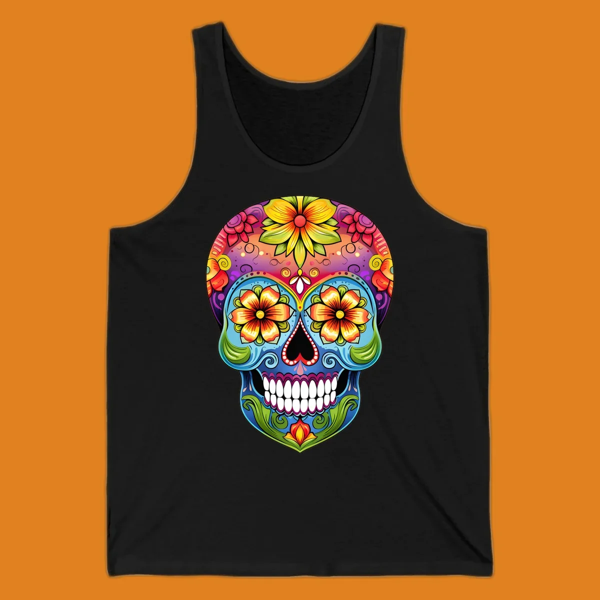 A vibrant floral sugar skull illustration with large colorful flowers, leaves, and swirls, outlined in black.