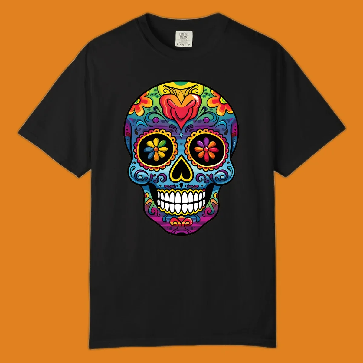 A vibrant floral sugar skull illustration, or calavera, adorned with intricate flowers, hearts, and swirling patterns in a rainbow of bright colors.