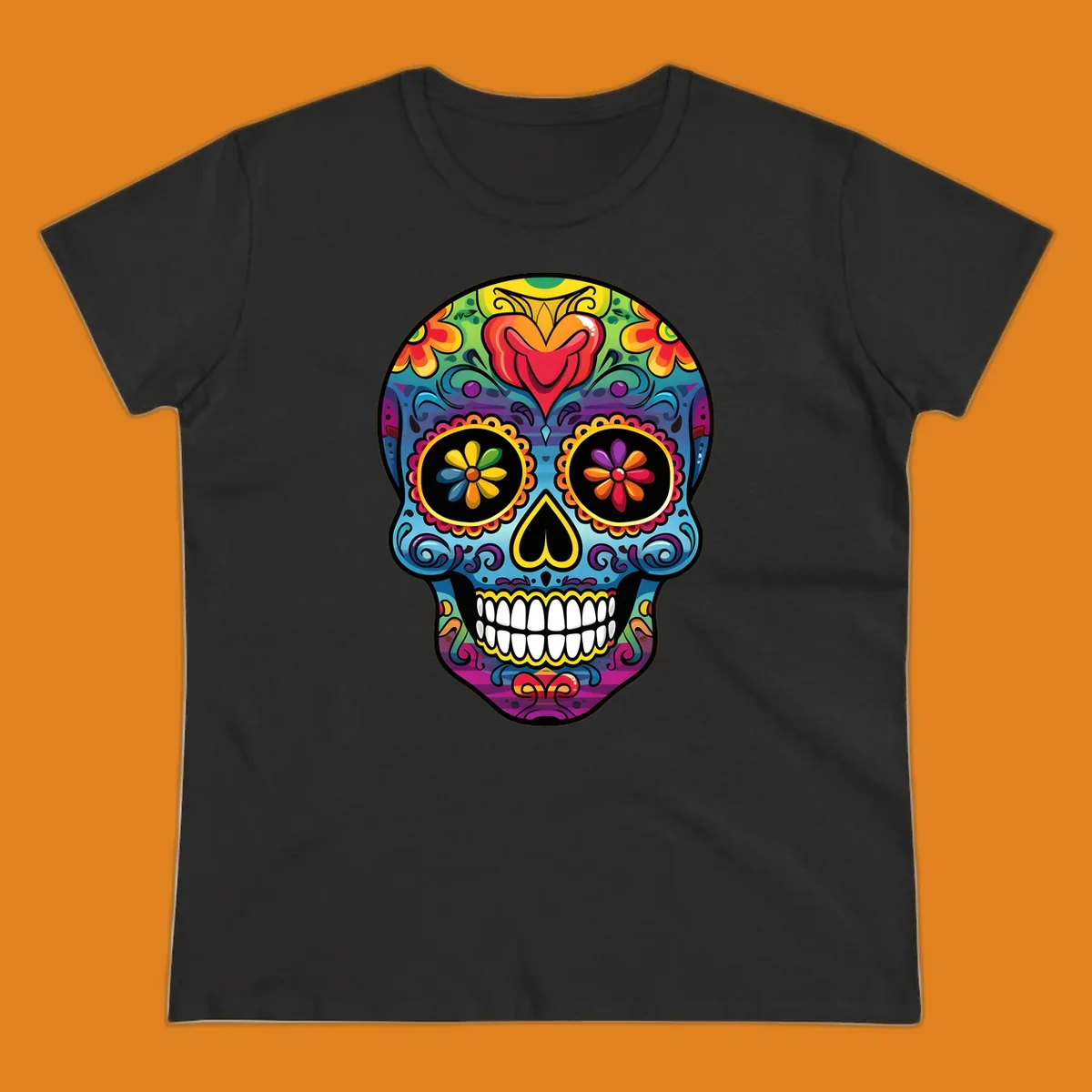 A vibrant floral sugar skull illustration, or calavera, adorned with intricate flowers, hearts, and swirling patterns in a rainbow of bright colors.