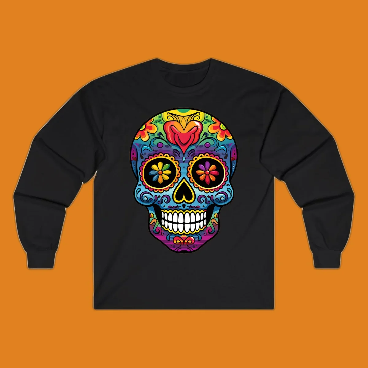 A vibrant floral sugar skull illustration, or calavera, adorned with intricate flowers, hearts, and swirling patterns in a rainbow of bright colors.