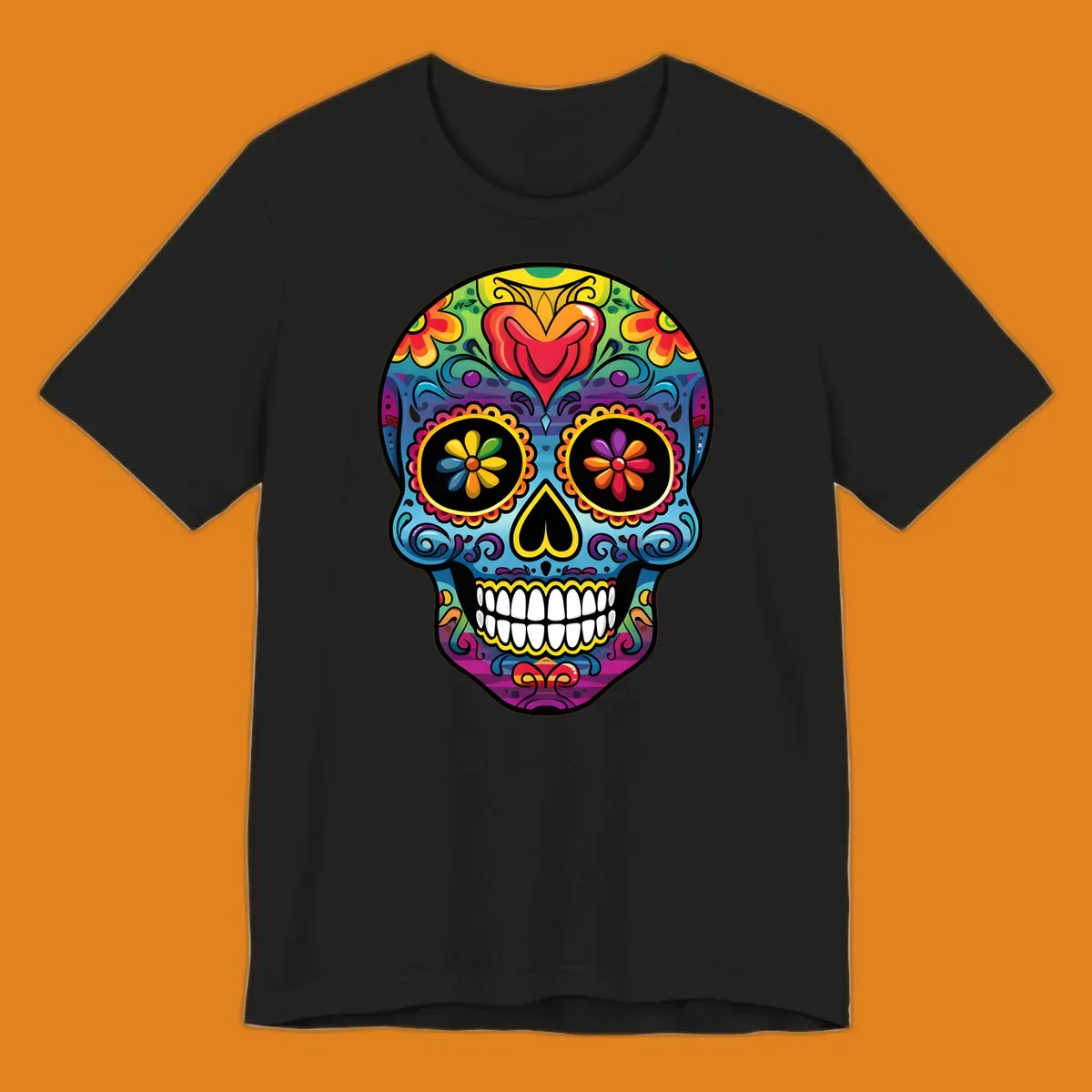 A vibrant floral sugar skull illustration, or calavera, adorned with intricate flowers, hearts, and swirling patterns in a rainbow of bright colors.