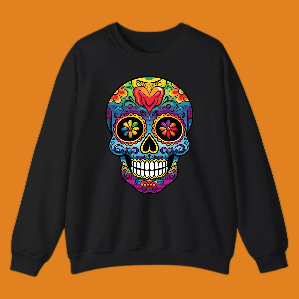 A vibrant floral sugar skull illustration, or calavera, adorned with intricate flowers, hearts, and swirling patterns in a rainbow of bright colors.