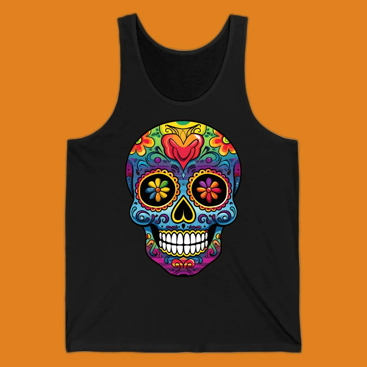 A vibrant floral sugar skull illustration, or calavera, adorned with intricate flowers, hearts, and swirling patterns in a rainbow of bright colors.