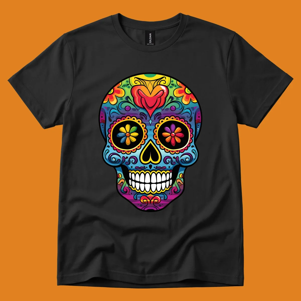 A vibrant floral sugar skull illustration, or calavera, adorned with intricate flowers, hearts, and swirling patterns in a rainbow of bright colors.