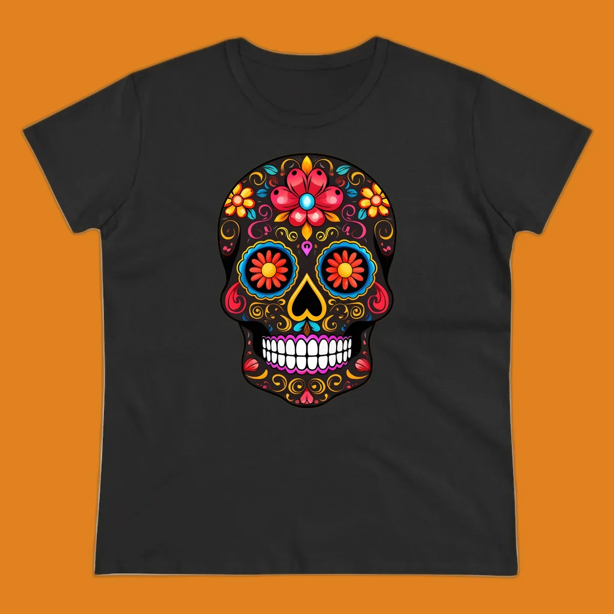 A vibrant floral calavera skull illustration, adorned with colorful flowers and intricate swirls.