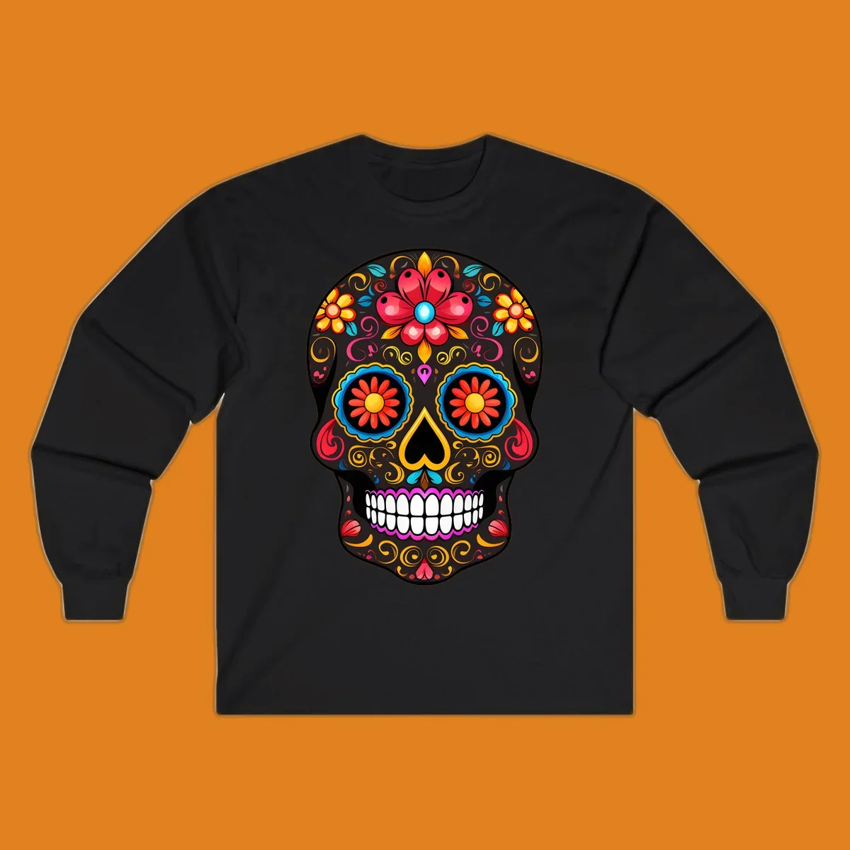 A vibrant floral calavera skull illustration, adorned with colorful flowers and intricate swirls.