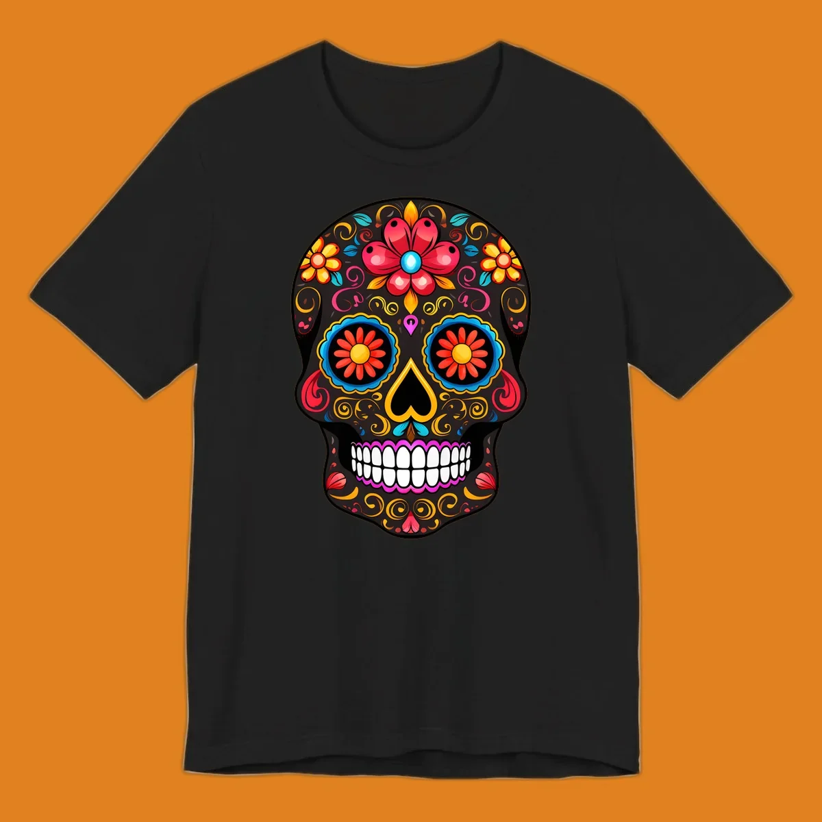 A vibrant floral calavera skull illustration, adorned with colorful flowers and intricate swirls.