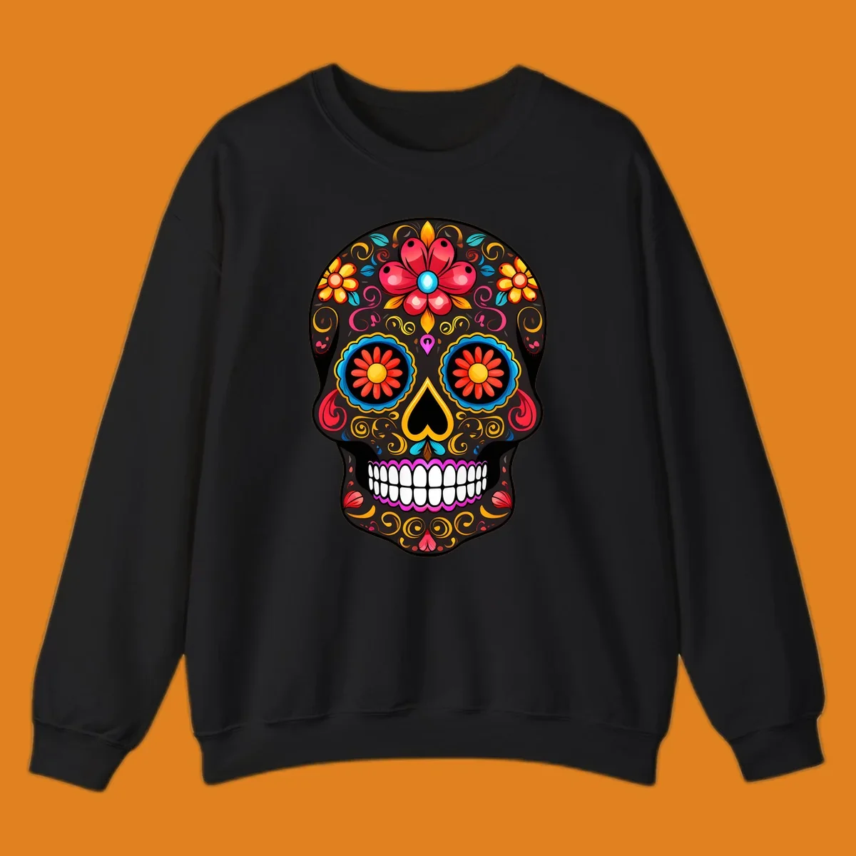 A vibrant floral calavera skull illustration, adorned with colorful flowers and intricate swirls.