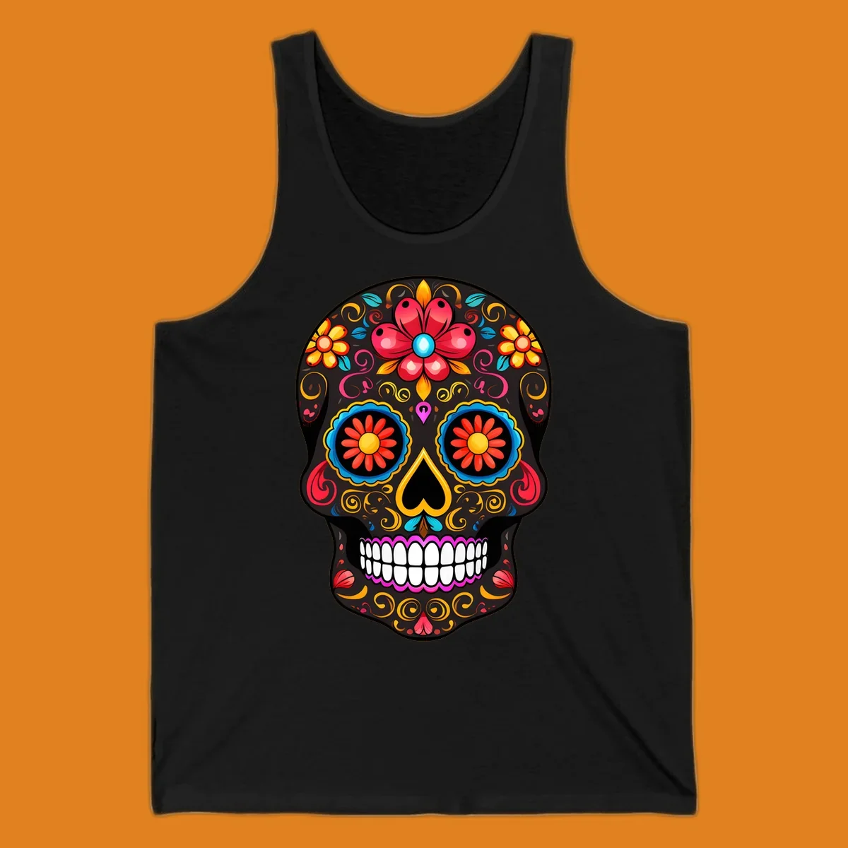 A vibrant floral calavera skull illustration, adorned with colorful flowers and intricate swirls.